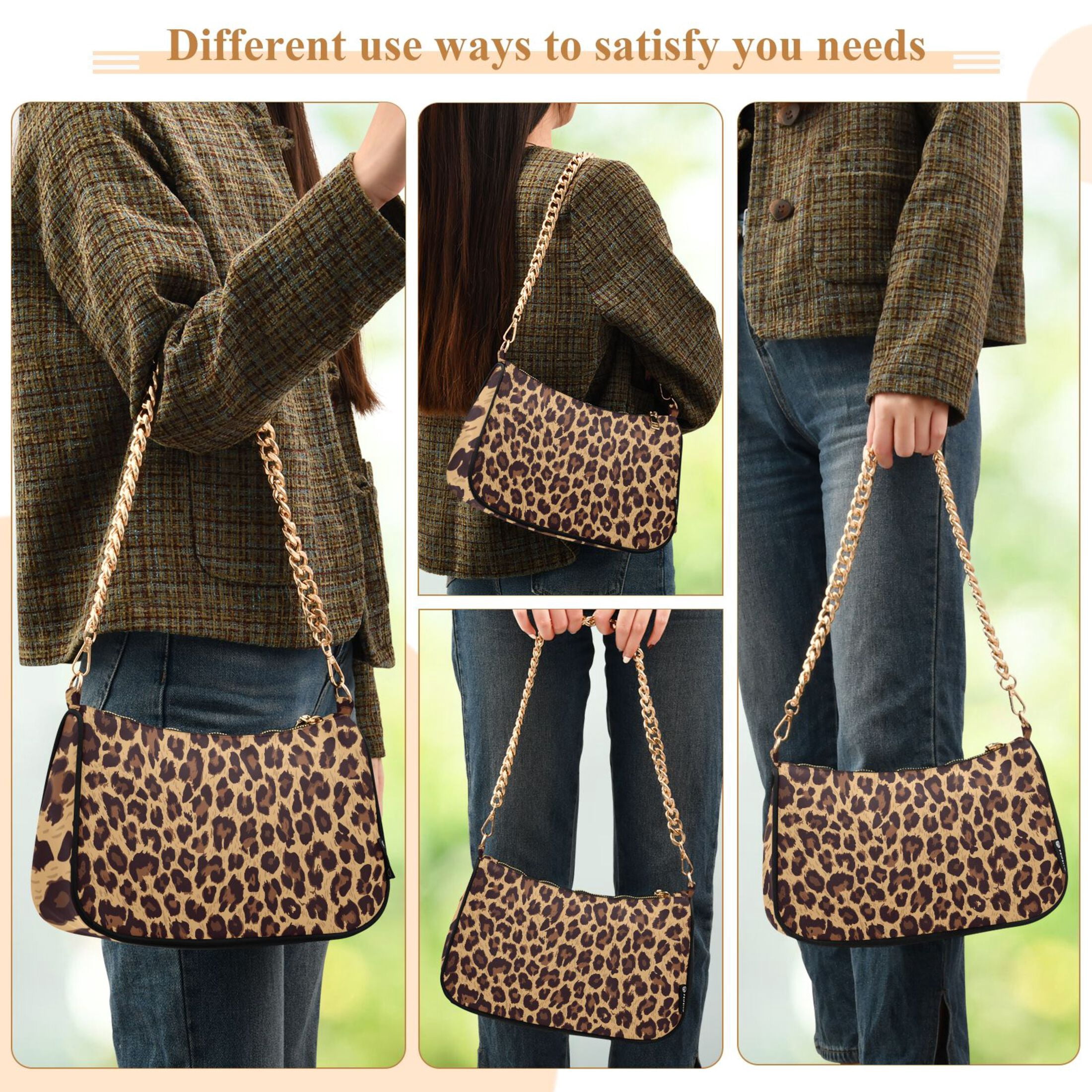 Brown Leopard Print Cheetah Womens Chain Shoulder Bag Tote Handbag Clutch Hobo Purse with Zipper for Travel Casual