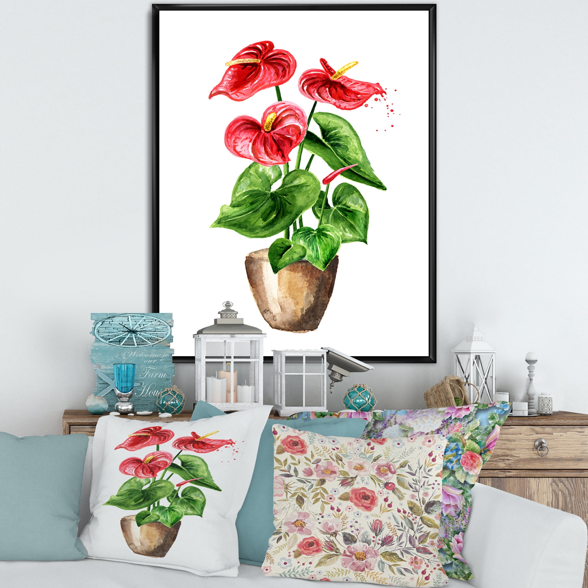 Designart 'Anthurium Tailflower In The Pot' Traditional Framed Canvas Wall Art Print
