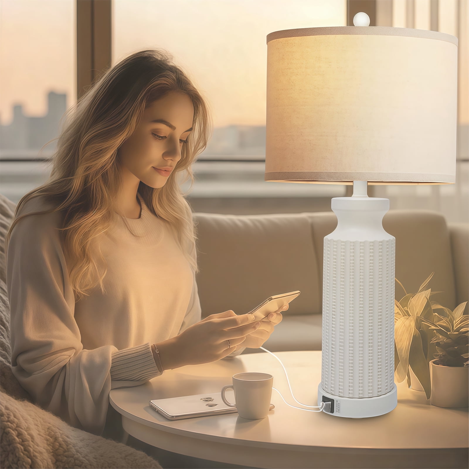 Tnuyoah Modern 28" Table Lamps Set of 2 with USB C+A Ports - 3-Way Dimmable Bedside Touch Control Lamp, Farmhouse Lamp with Beige Linen Shade for Bedroom, Living Room & Home Office