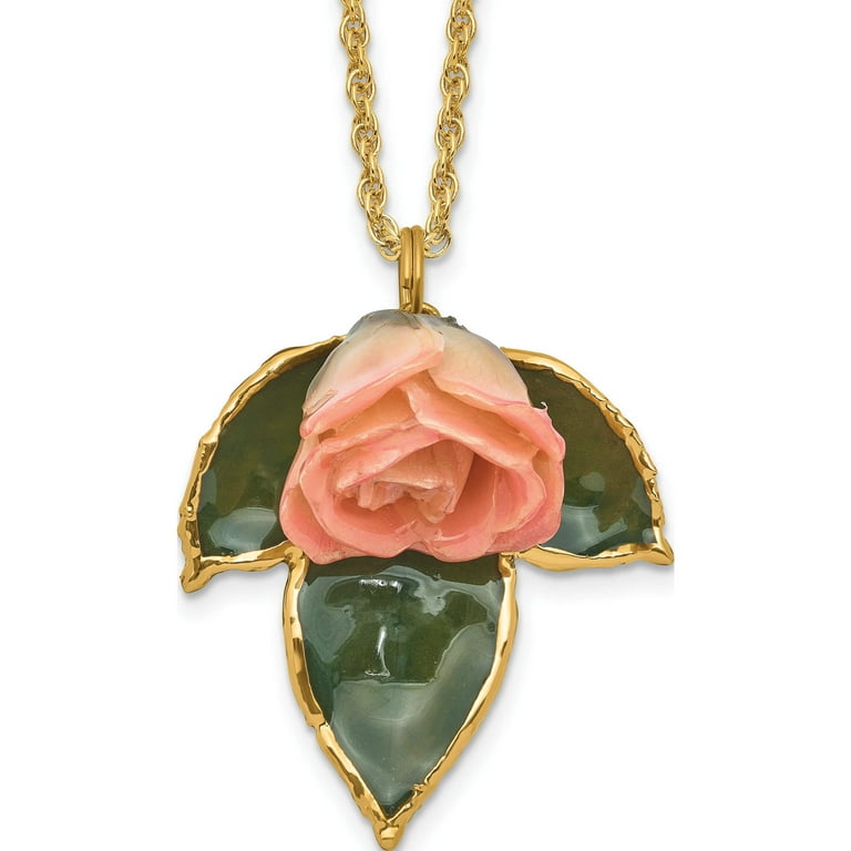 Lacquer Dipped 24k Gold Trim Real Cream & Pink Rose with Leaf Necklace Lacquer Dipped 24k Gold Trim Real Cream & Pink Rose with Leaf Necklace