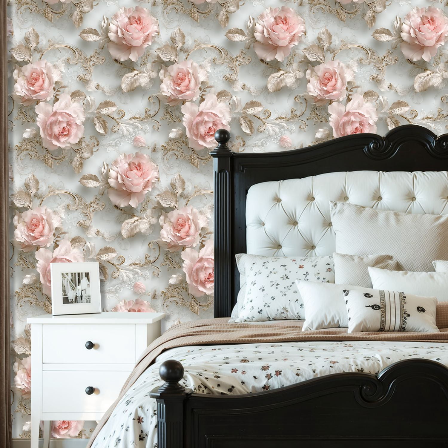Peel and Stick Wallpaper Elegant Rose Soft Pink Flowers Ornate Gold Detailing Wall Mural 23.6in x 9.8ft Self Adhesive Removable Wall Paper Renter Friendly Wallpaper for Bedroom