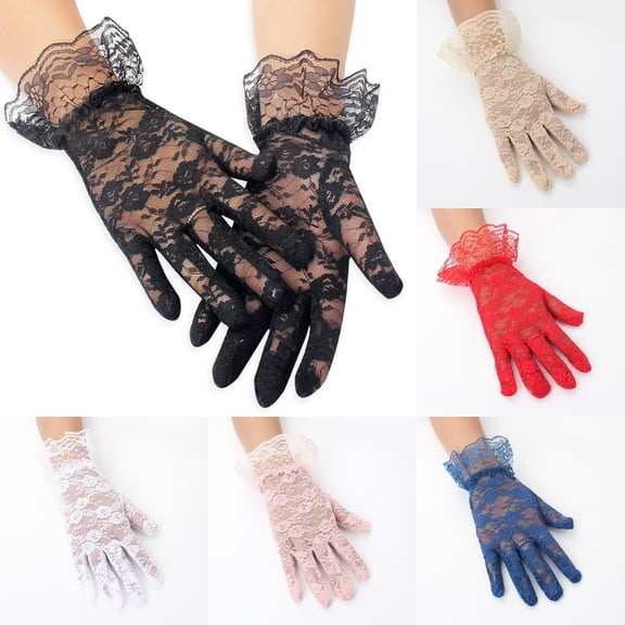 Lispipm Womens Short Lace Full Finger Gloves Breathable Bridal Wedding Tea Party Prom Sun Glove for Halloween Festival Beige