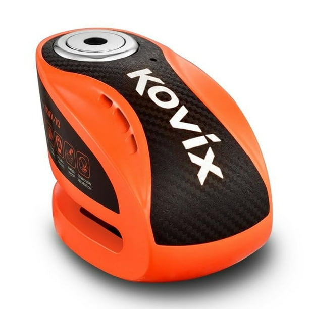 KOVIX KNX10 Candado de freno de disco con alarma para motocicleta, pasador de 10 mm, 3 llaves, resistente, antirrobo, naranja fluorescente