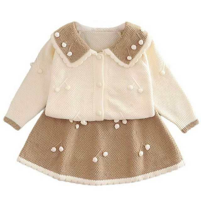 WRKEKC Ensembles d'Hiver pour Filles Cardigan Tricoté à Manches Longues à Col Décoratif et Jupe Midi Ensemble Robe 2 Pcs pour Filles 1 - 8 Ans