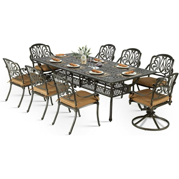 VIVIJASON 9-Piece Outdoor Dining Set, Cast Aluminum Patio Furniture Table & Chairs Set for 8, Include 94.5" Rectangular Table, 2 Swivel Rocker Chairs, 6 Stationary Chairs, Umbrella Hole, Khaki Cushion
