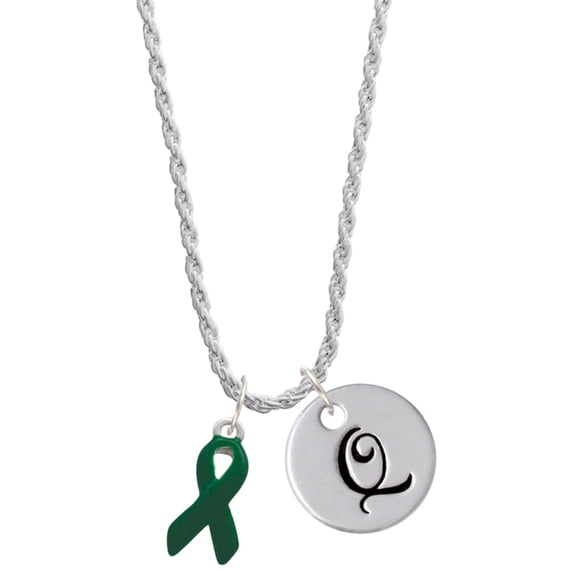Delight Jewelry Silvertone Green Ribbon Silvertone Script Initial Disc - Q - Charm Necklace, 20"+3"