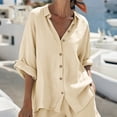 thumbnail image 5 of VBVC Women's 2 Piece Cotton-Linen Collared Outfit Set,Button Down Shirt and Shorts for Women,Ladies Casual Loose Loungewear with Pockets,Beige,S-3XL, 5 of 10