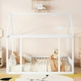 thumbnail image 2 of Bellemave Full Size Wood House-Shaped Floor Bed with Fence, Guardrails, Montessori Floor Bed House Bed Frame with Roof (Full, White), 2 of 11