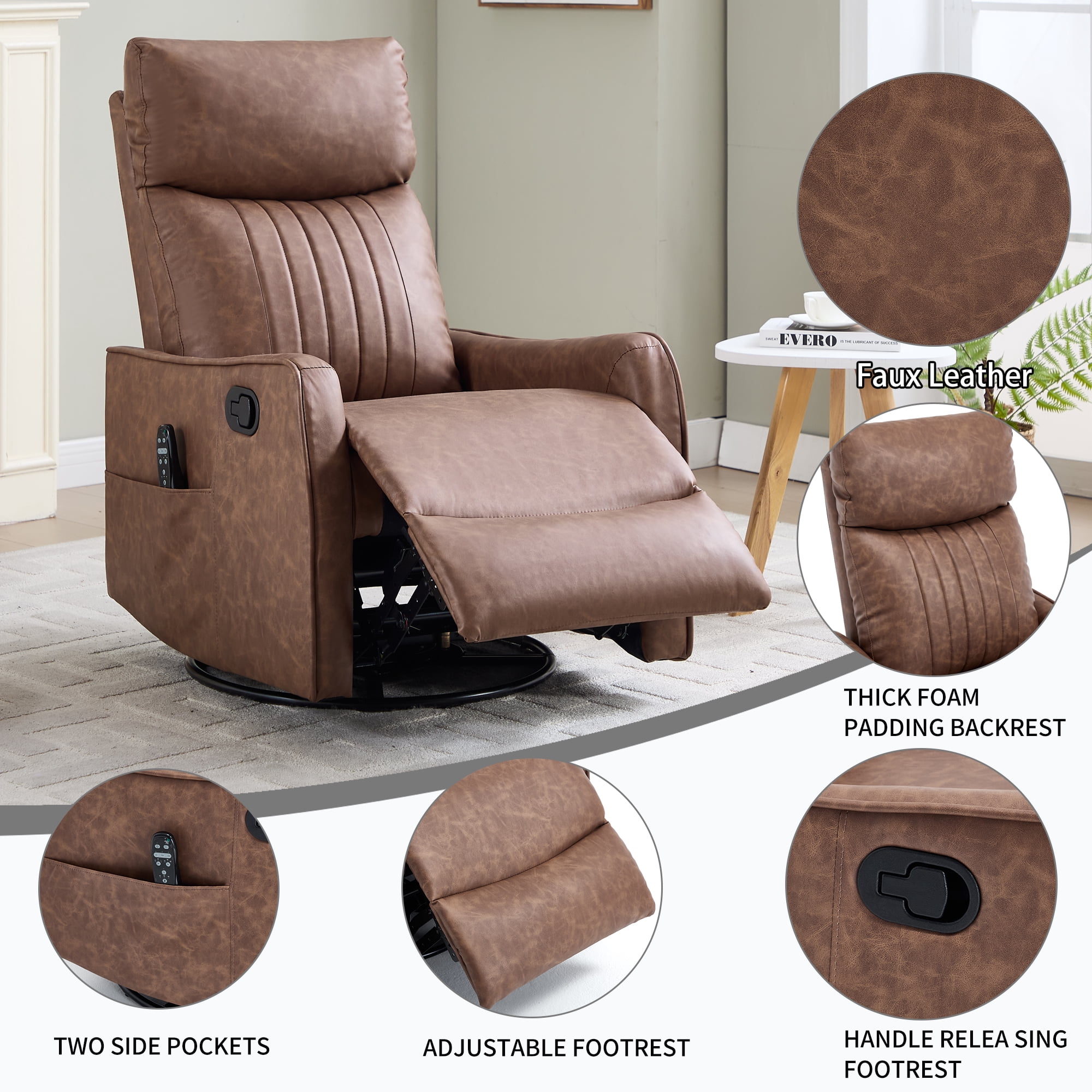 Aukfa Massage Recliner Chair with Heat, Faux Leather 360° Swivel Rocker Recliner, Overstuffed Manual Reclining Glider Chair with Vibration, Brown