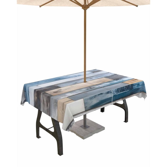 Hokiten Outdoor Tablecloths with Umbrella Hole & Zipper, Blue Wooden Grain Tablecloth Rectangle 60x84 Inch, Farmhouse Country Abstract Art Waterproof Table Cloth, Patio/Pool/Picnic Table Covers