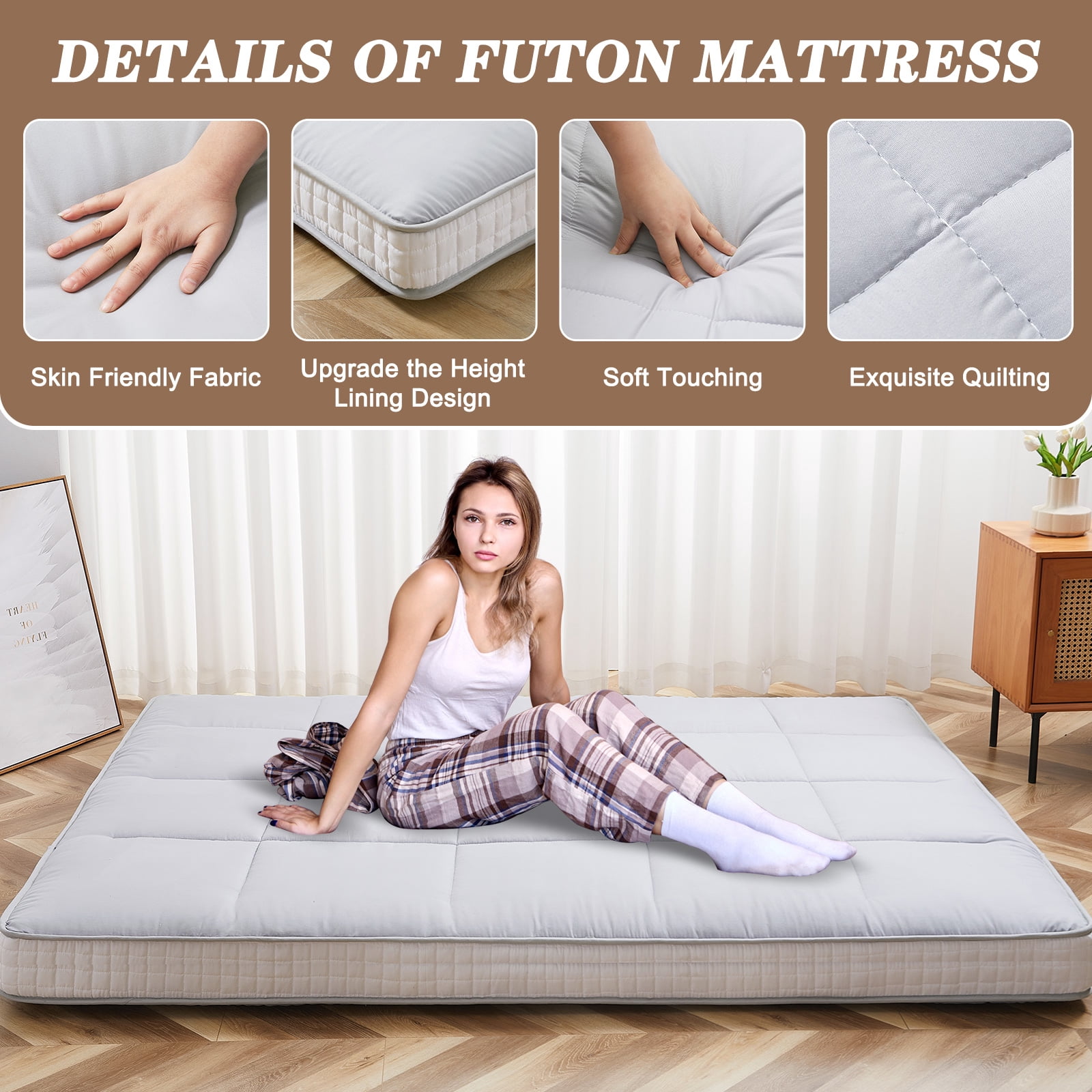 MOPHOTO Gray Floor Mattress with Storage Bag Japanese Futon Mattress Extra Thick Folding Sleeping Pad Futon Mattress Portable Camping Mattress, Queen