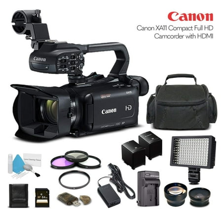 Canon XA11 Compact Full HD Camcorder With 64GB Memory Card, Extra Battery and Charger, UV Filter, LED Light, Case, Telephoto Lens, Wide Angle Lens, and More - Advanced