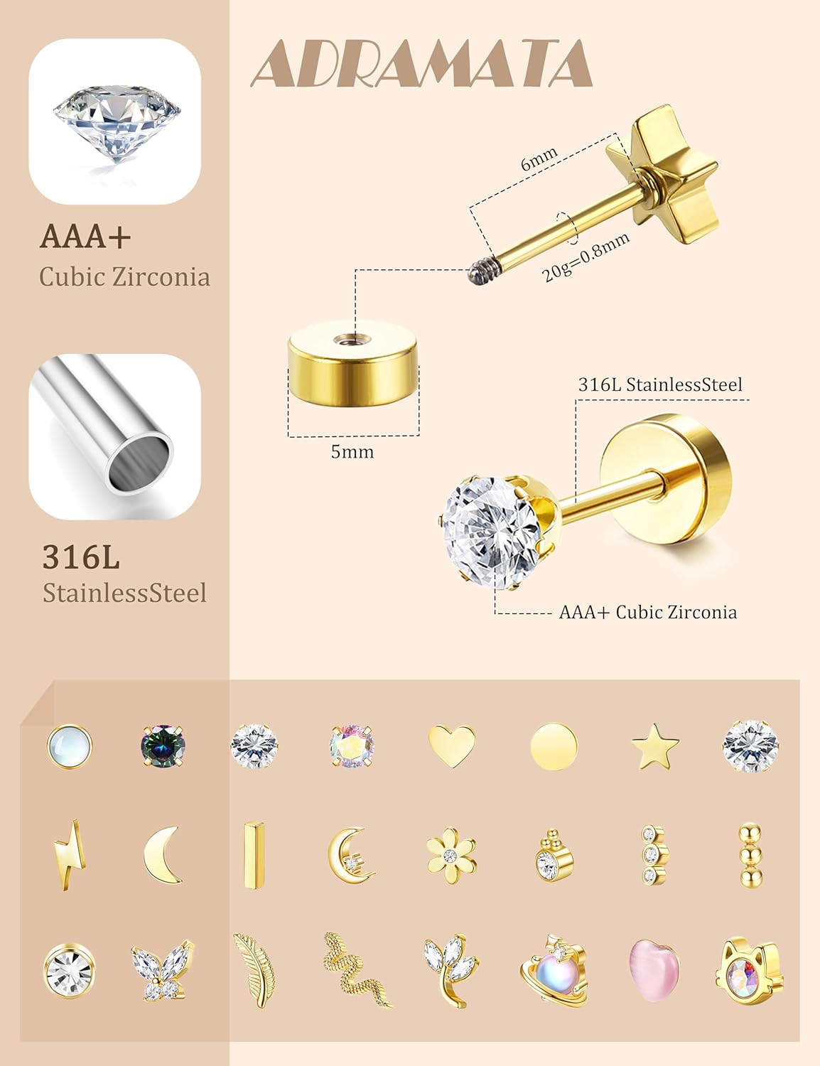 24Pcs Earrings Helix Earrings Women Surgical Steel Earrings Piercing Earrings Conch Cartilage Earrings Silver Gold Tragus Helix Piercing Flat Fine Back Stud for Stainless Set Screw Back Set[j239]