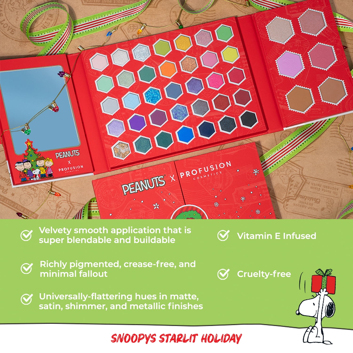 Profusion Cosmetics Peanuts Holiday Snoopy's Starlit 41 Shade Eye & Face Makeup Palette, Long-Lasting Colorful Eyeshadow with Smooth, Velvety Finish
