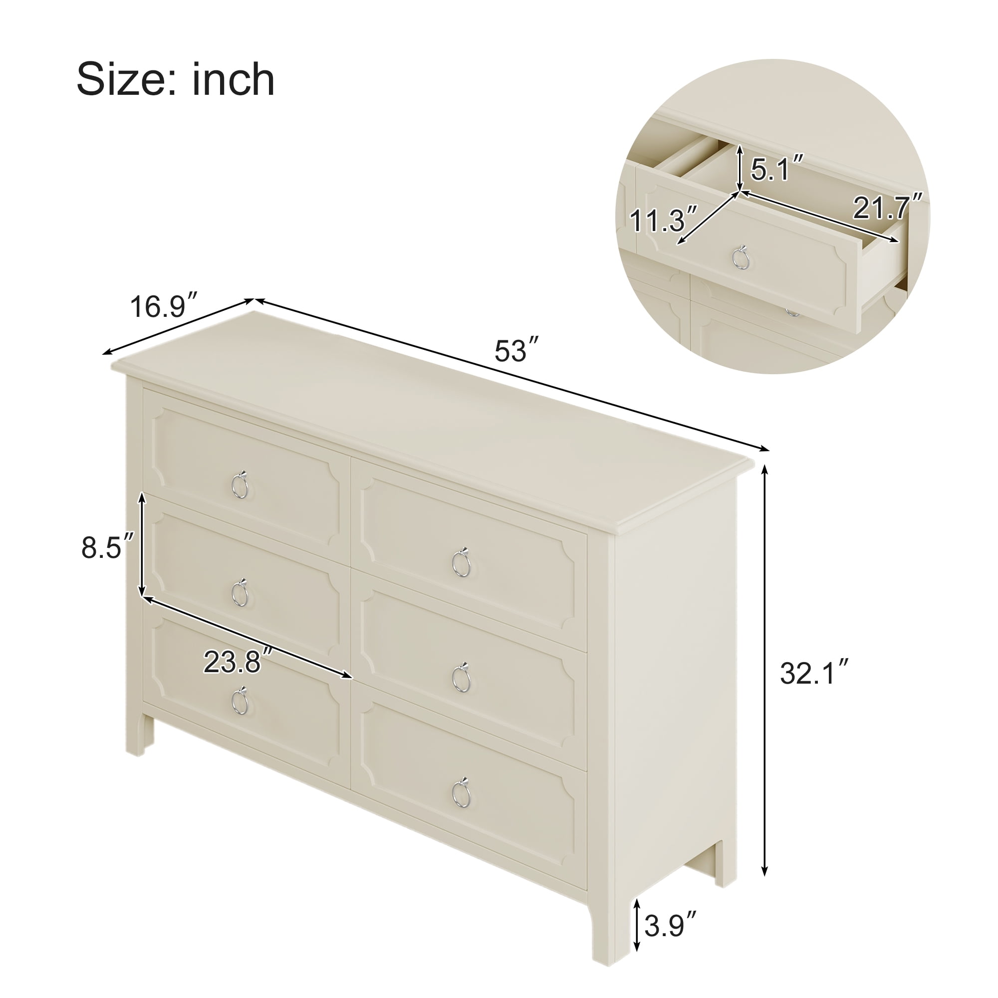 Resenkos Wooden 6 Drawers Double Dresser with Silver Metal Handles for Bedroom Milky White