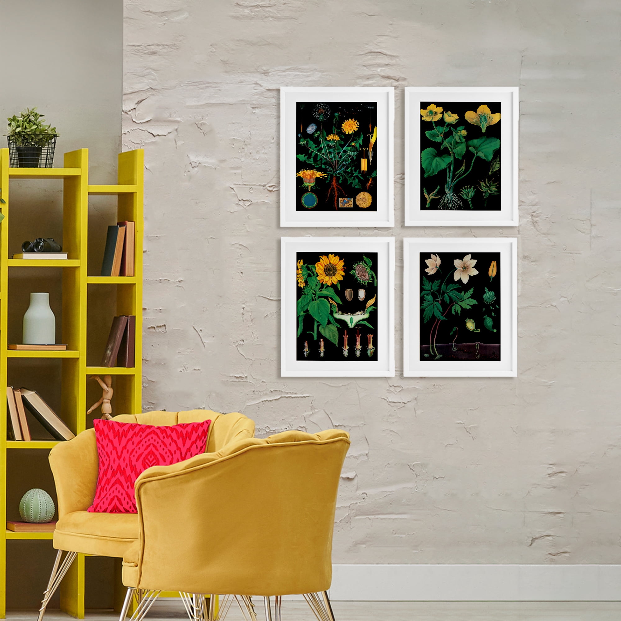 Stupell Industries Botanical Illustrations on Black 4 Piece White Framed Print Under Glass Set, design by Vintage Hustle
