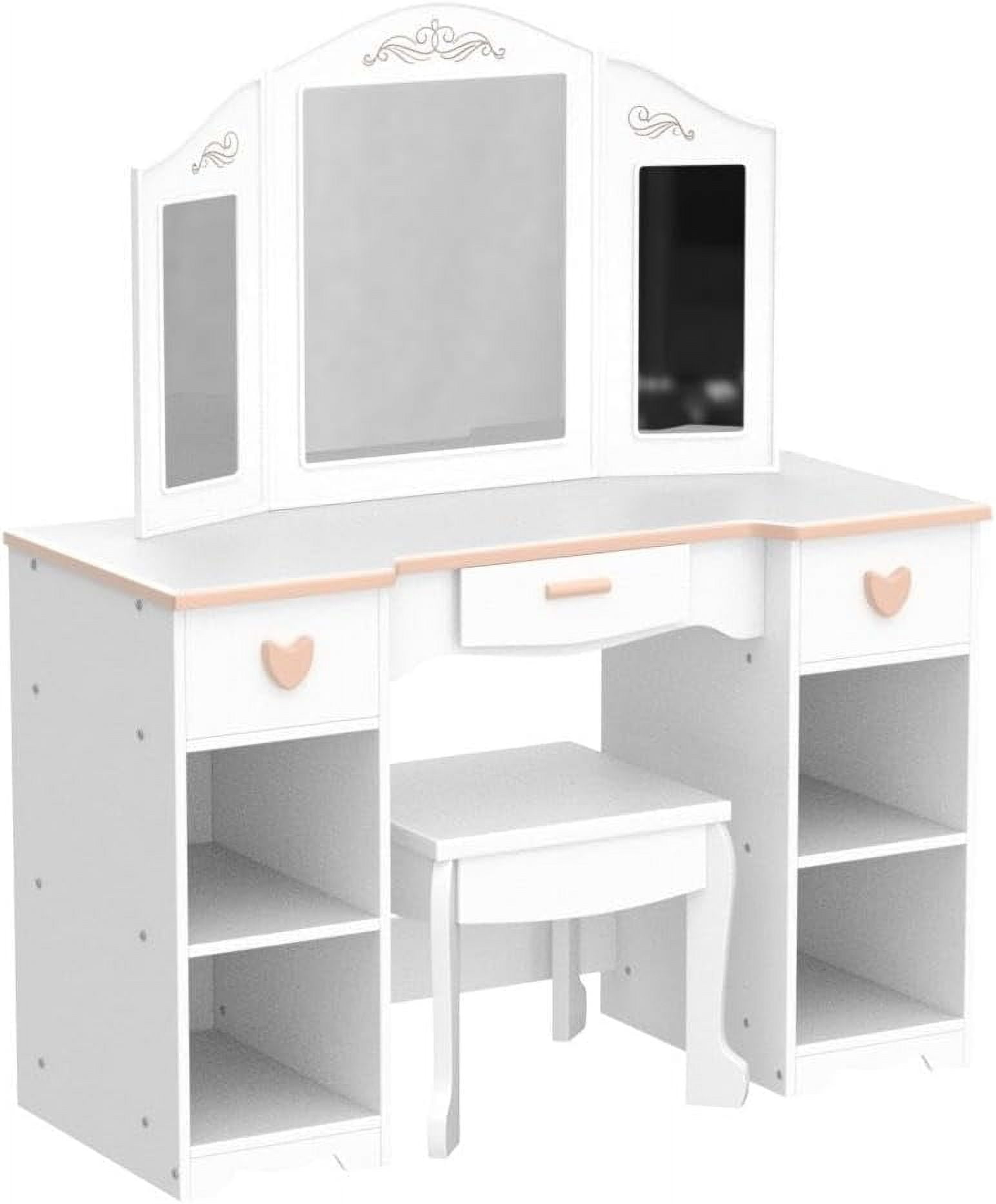 Oyang Girls' Vanity Table and Chair Set for Age 4 - 9, Wood Pretend Beauty Make Up Dressing Vanity Set with Mirror & 3 Drawers, White