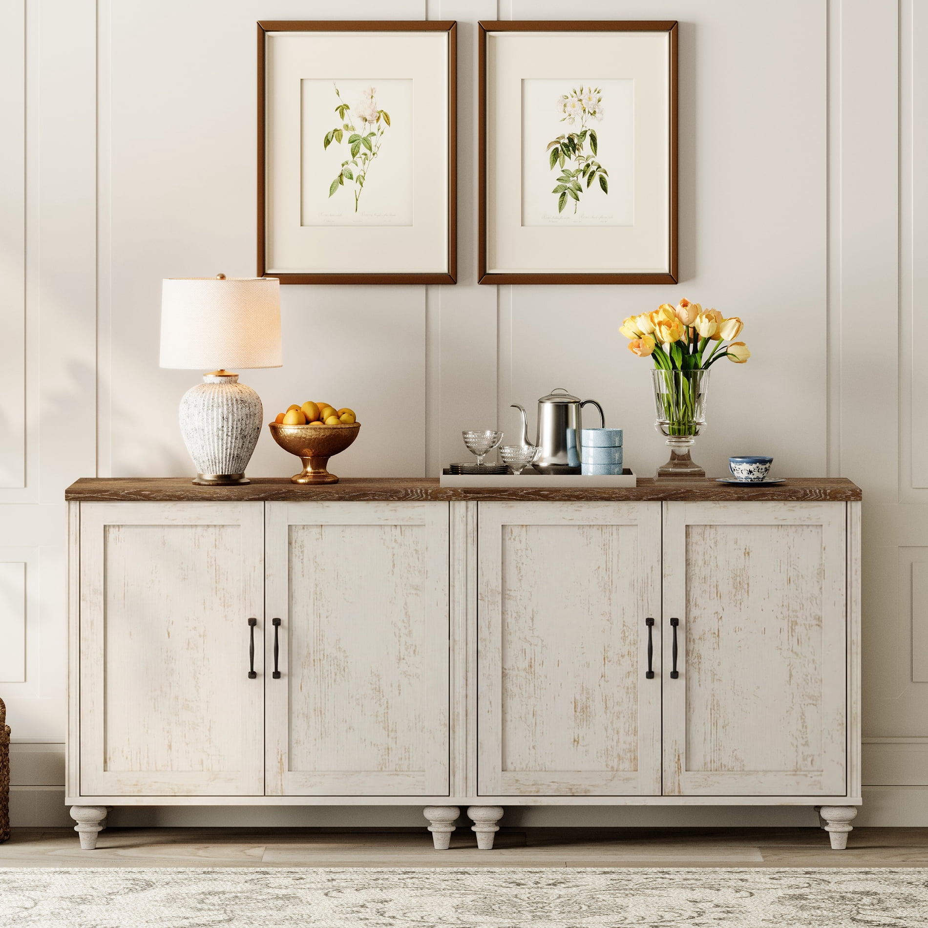 Modern Farmhouse Credenza, 68" Rustic White Storage Sideboard with Wood Doors