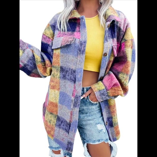 Camisas de Franela A Cuadros para Mujer, Chaqueta Informal de Larga con Solapa y Botones, A Azul M