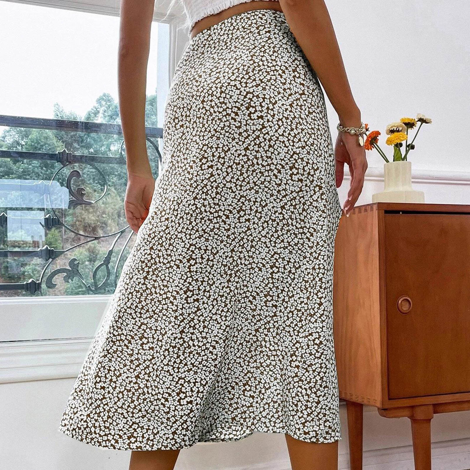 Women Split Thigh Skirt Soft Casual Fashionable Elegant Floral Print Skirt for Dating Shopping Light Brown L - image 3 of 5