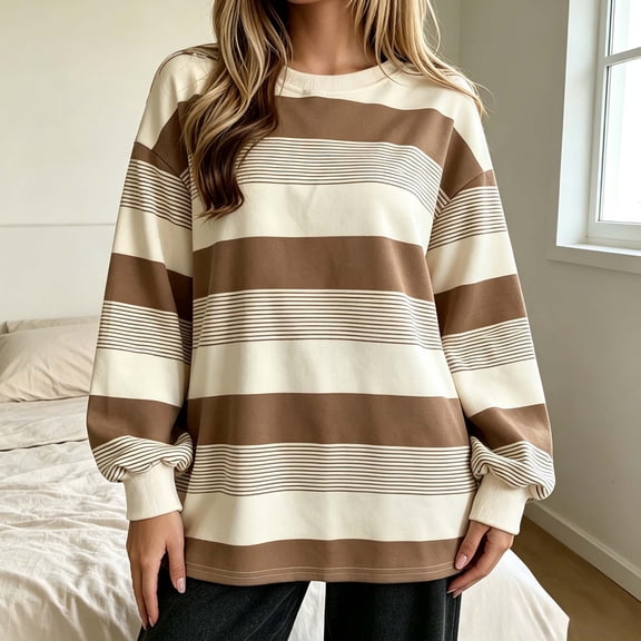 MYAOYI Ladies Color Block Striped Top Long Sleeve Crew Neck Relaxed Fit Shirt
