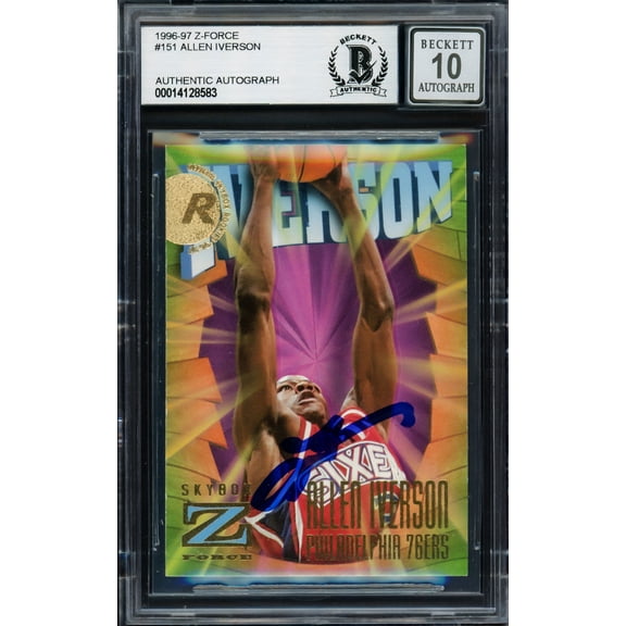 Allen Iverson Autographed 1996-97 Skybox Z Force Rookie Card #151 Philadelphia 76ers Auto Grade Gem Mint 10 Beckett BAS #14128583
