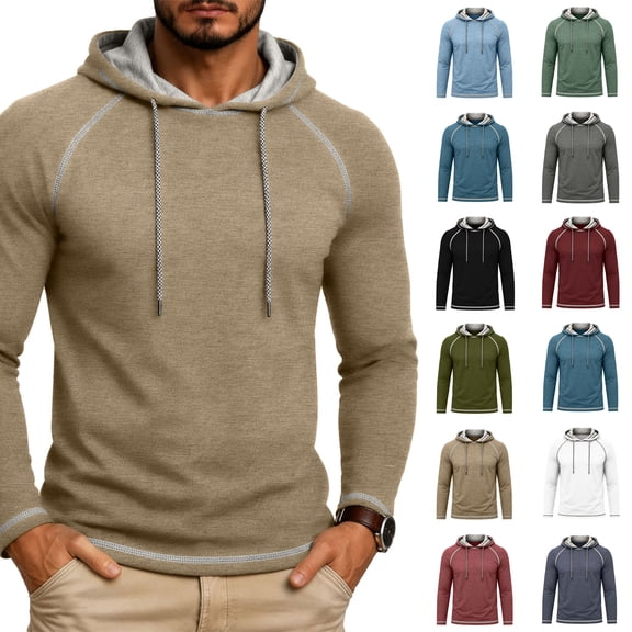 Xaqiouau Mens Solid Color Poly-Rayon Blend Hoodie Raglan Sleeve Pullover Long Sleeve Slim Fit Casual Spring & Fall Daily Tops Khaki S