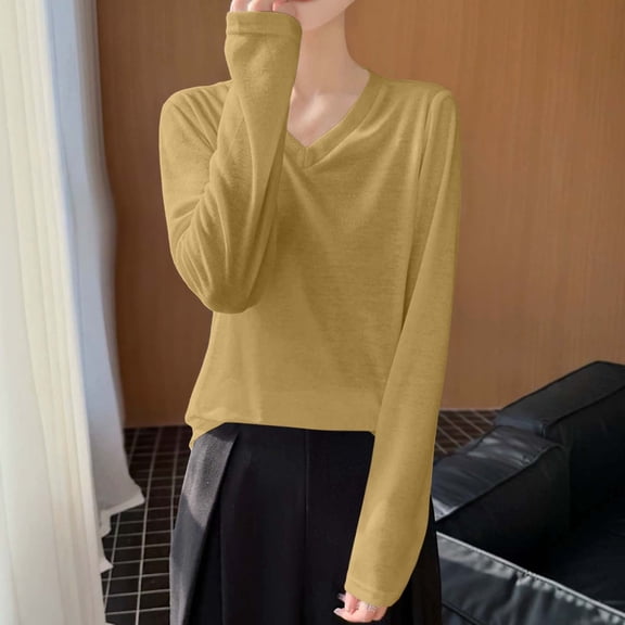 tarylea Women Tops Long Sleeve V Neck T-Shirts Casual Loose Fall Comfy Solid Color Breathable Basic Tops