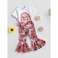 thumbnail image 3 of Bagilaanoe 2pcs Toddler Baby Girl Long Pants Set Short Sleeve Rainbow Print T-Shirts Tops + Floral Flare Trousers 12M 18M 24M 3T 4T 5T Kids Birthday Outfits, 3 of 9