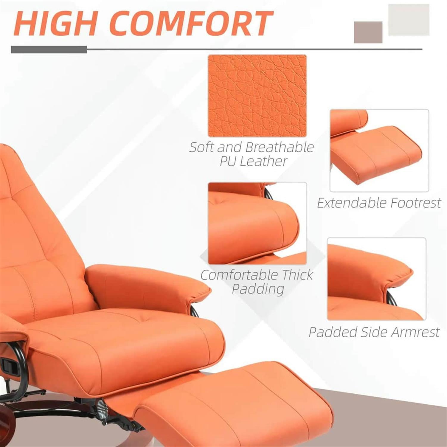 Demi Bonn 39" Faux Leather Swivel Recliner with Footrest, Armrest and Wooden Base for Living Room, Comfort High-Backed Sofa Chair, Orange