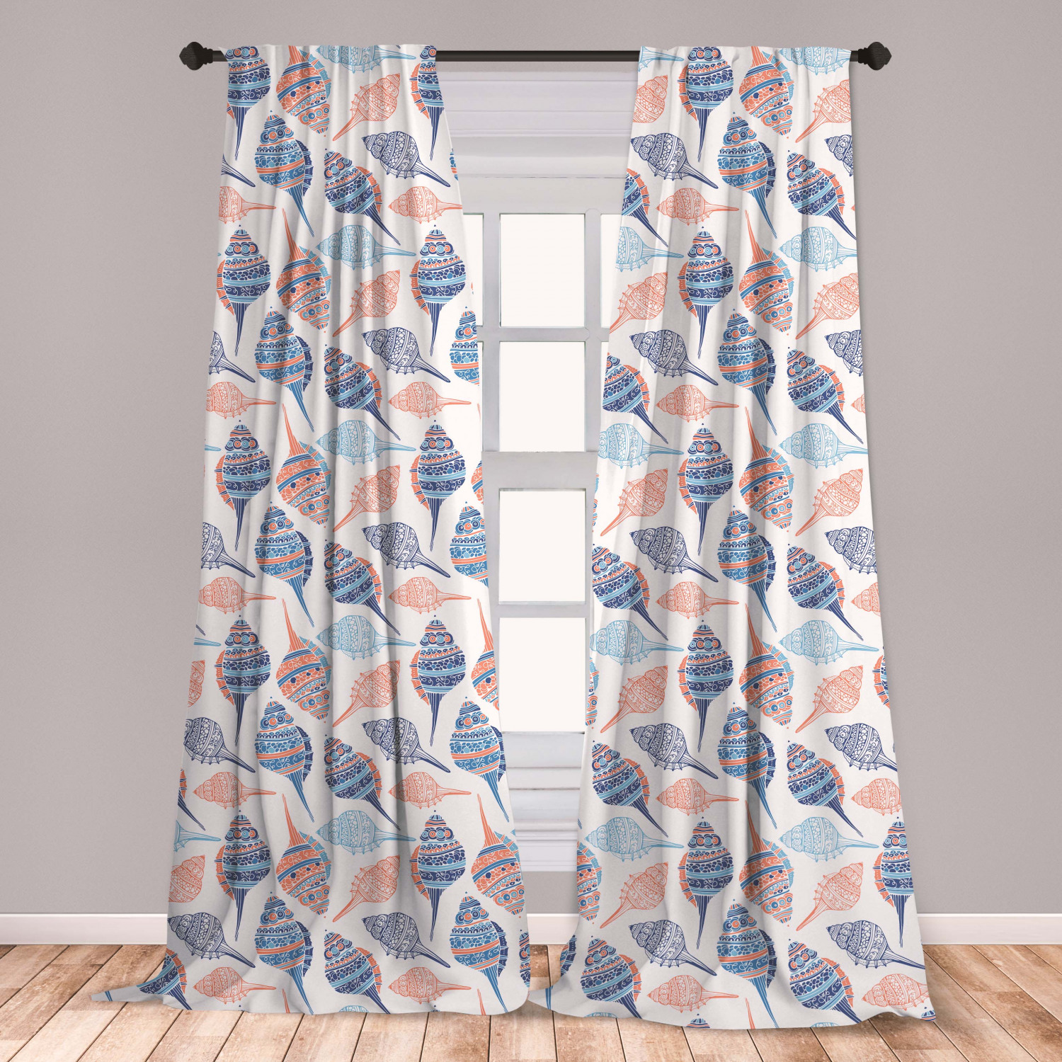 Ocean Curtains 2 Panels Set, Marine Life Themed Abstract Seashells Scallops with Bohemic Prints