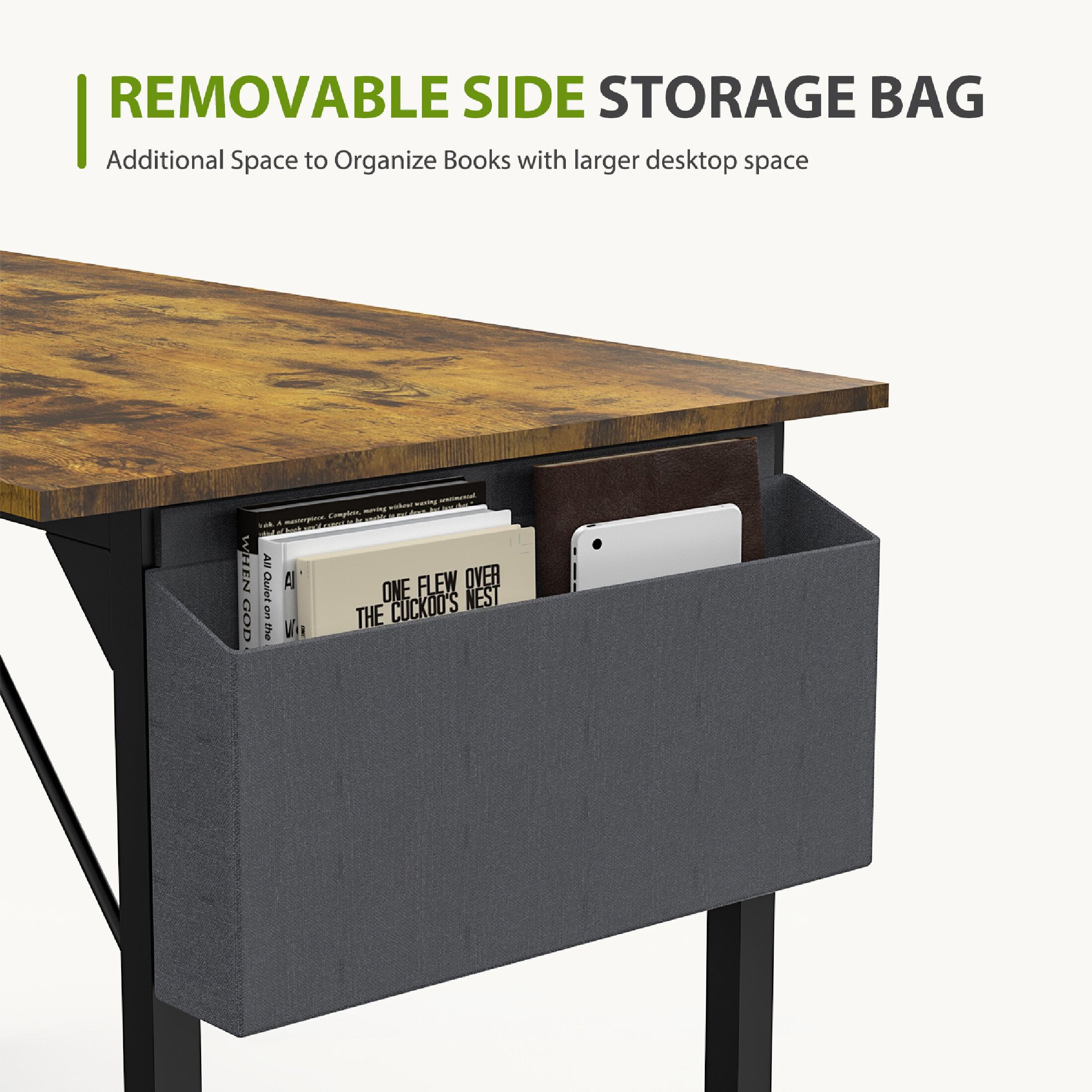 CONCETTA Computer Desk 63 Inch, Simple Farmhouse Table With Storage Bag & Headphone Hooks, Rust