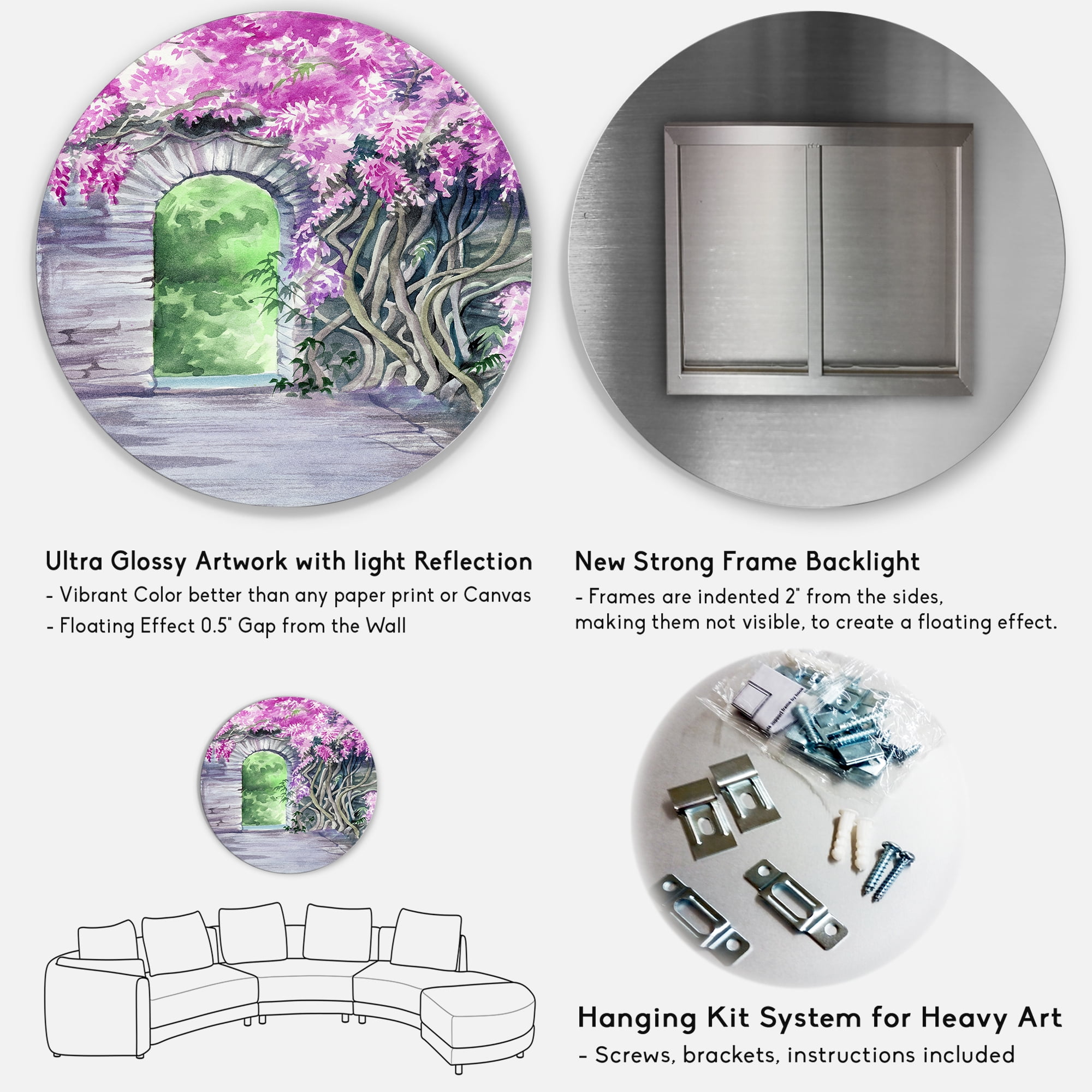 Designart 'Blossoming Purple Wisteria Garden Over The Wall' Traditional Circle Metal Wall Art 11x11 - Disc of 11