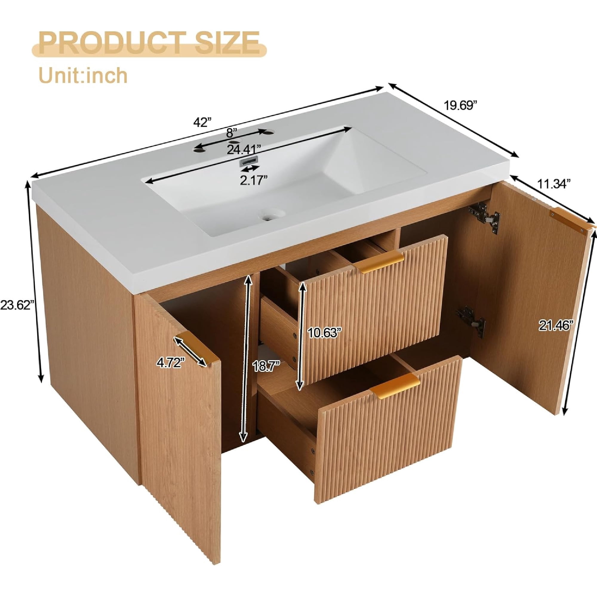 42 inch Bathroom Vanity with Sink Combo, Floating Single Sink Bathroom Vanities with SMC Resin Top, MDF Cabinet with Solid Wood Frame, Wall-Mounted Vanities for Small Bathrooms (42''-Wood)
