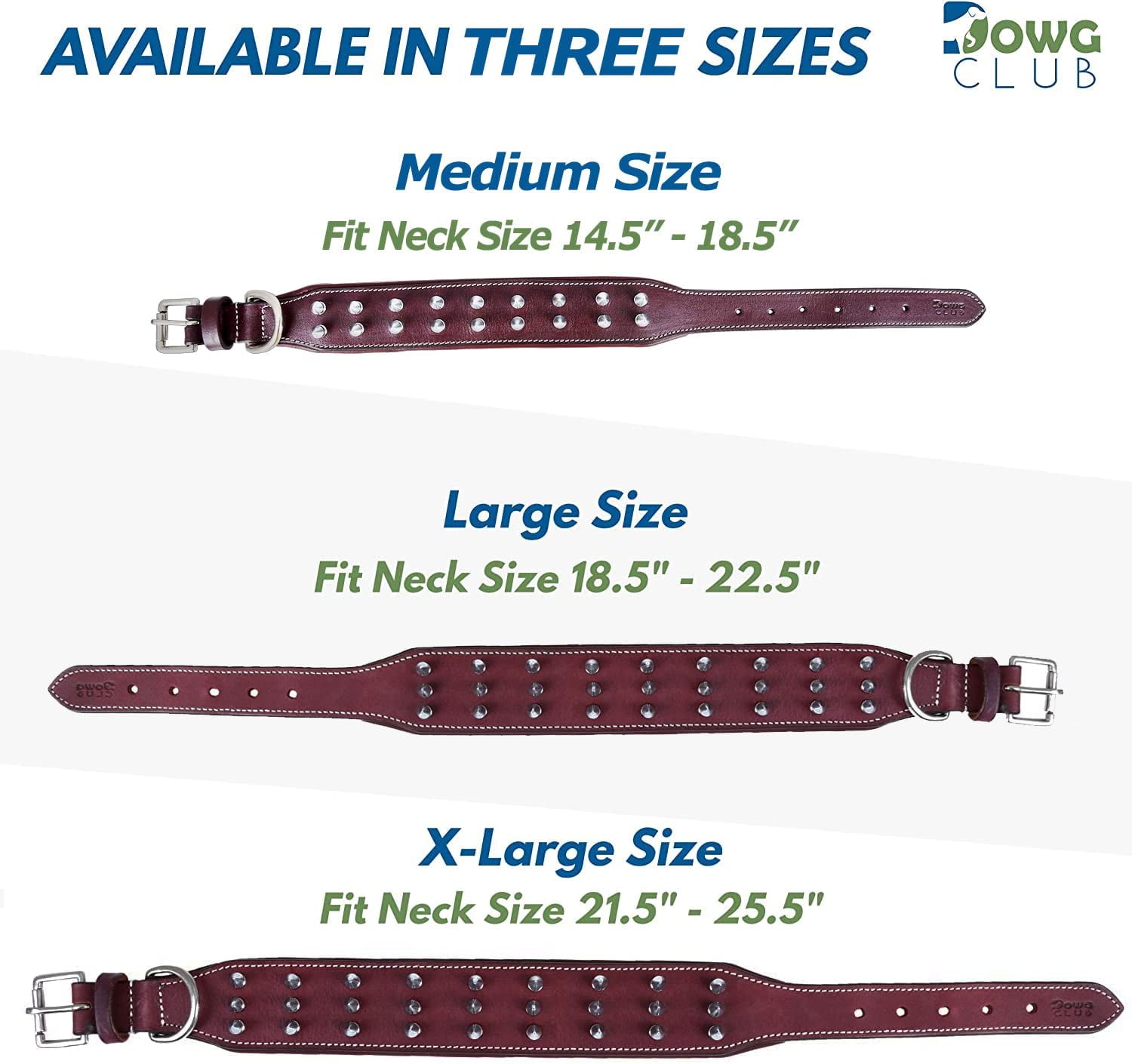 DowgClub | Genuine Leather Heavy Duty Spiked Dog Collar | Full Grain, Cushion Sheep napa padding Inside, Comfortable, Strong | Best for Medium, Large, X-Large Breeds | Cherry, Black, Pink, Tan |