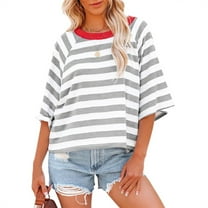 Patlollav New 2024 Plus Size T-Shirt for Women 3/4 Sleeved Top Striped Print Knitted T-Shirt Loose Fitting T-Shirt Going Out Tops Blouse