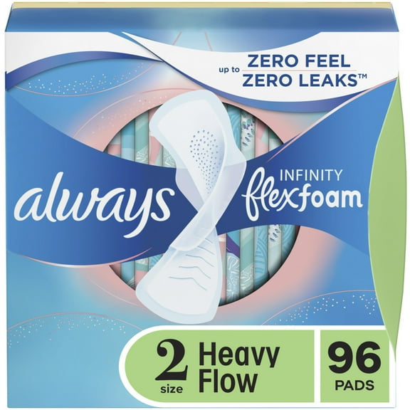 Always Infinity Feminine Pads for Women, Size 2 Regular, with Wings, Unscented, 96 Count