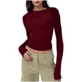 thumbnail image 2 of QATAINLAV Chandails à Manches Longues pour Femmes, Col Rond Décontracté, Sorties, Hauts Courts Basiques, Couleur Unie, Coupe Ajustée, Chandail d'Entraînement, Bourgogne, TTG, 2 of 4