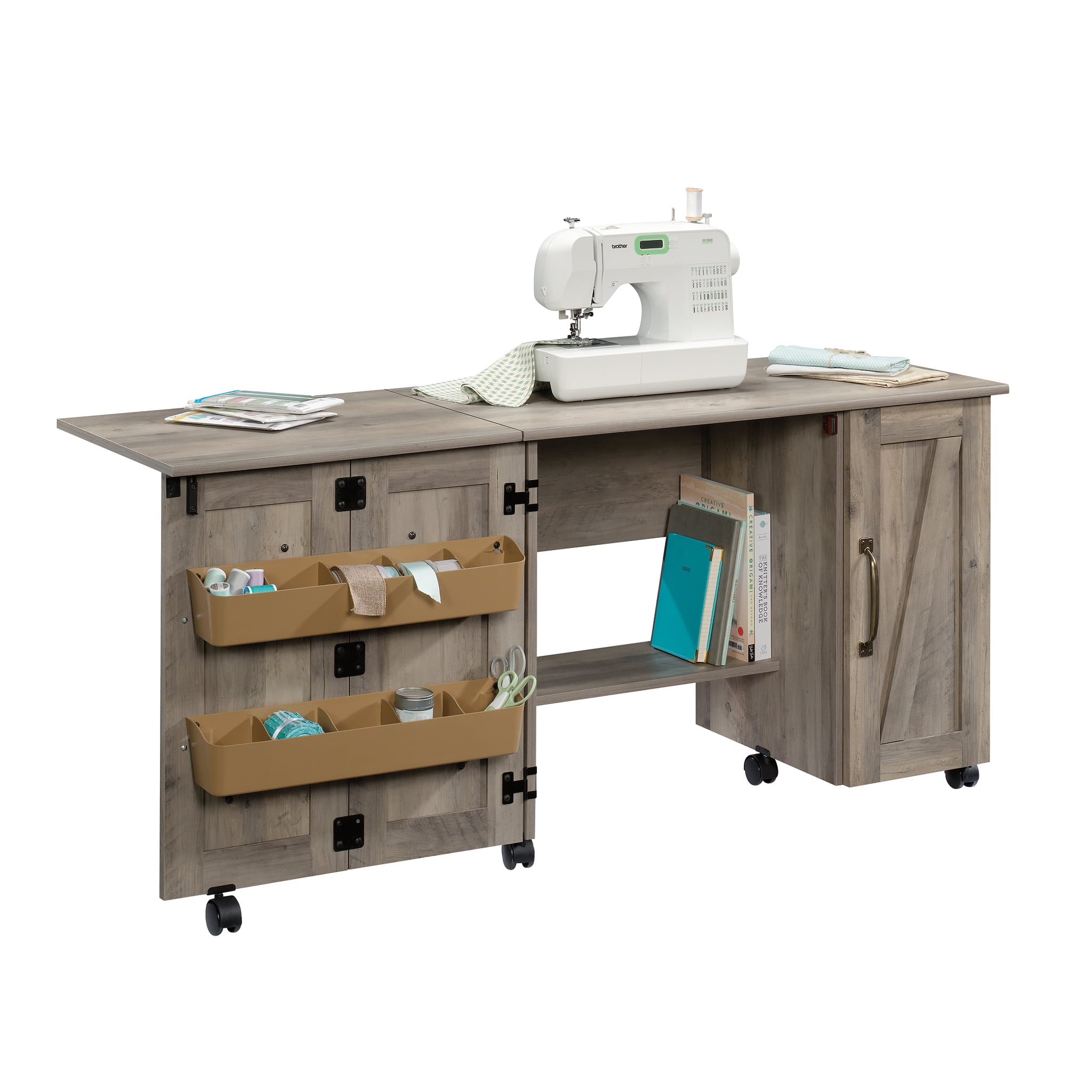 Rustic Gray Better Homes & Gardens Easy-roll casters Modern Farmhouse Wood Sewing Table with Sewing Kit and Storage Case 
