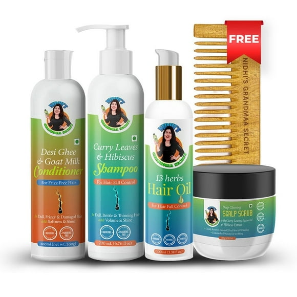 NIDHI'S GRANDMAA SECRET Hair Growth Combo with Hair Oil, Shampoo, Conditioner and Scalp Scrub & Free Neem Comb