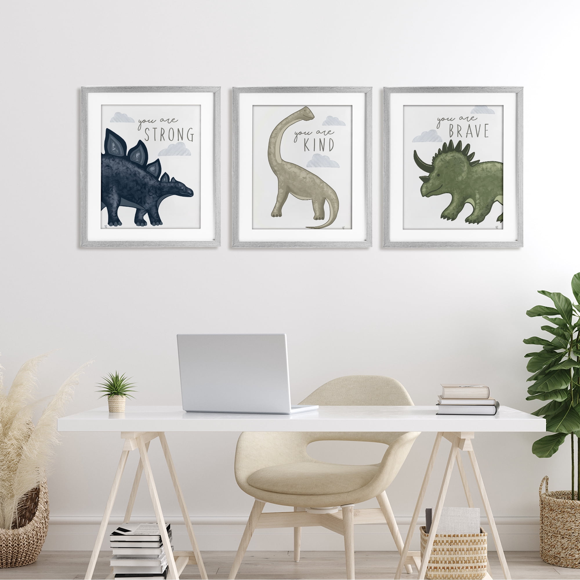 Stupell Industries Hopeful Encouraging Dinosaurs 3 Piece Gray Framed Print Under Glass Set, design by Elizabeth Tyndall