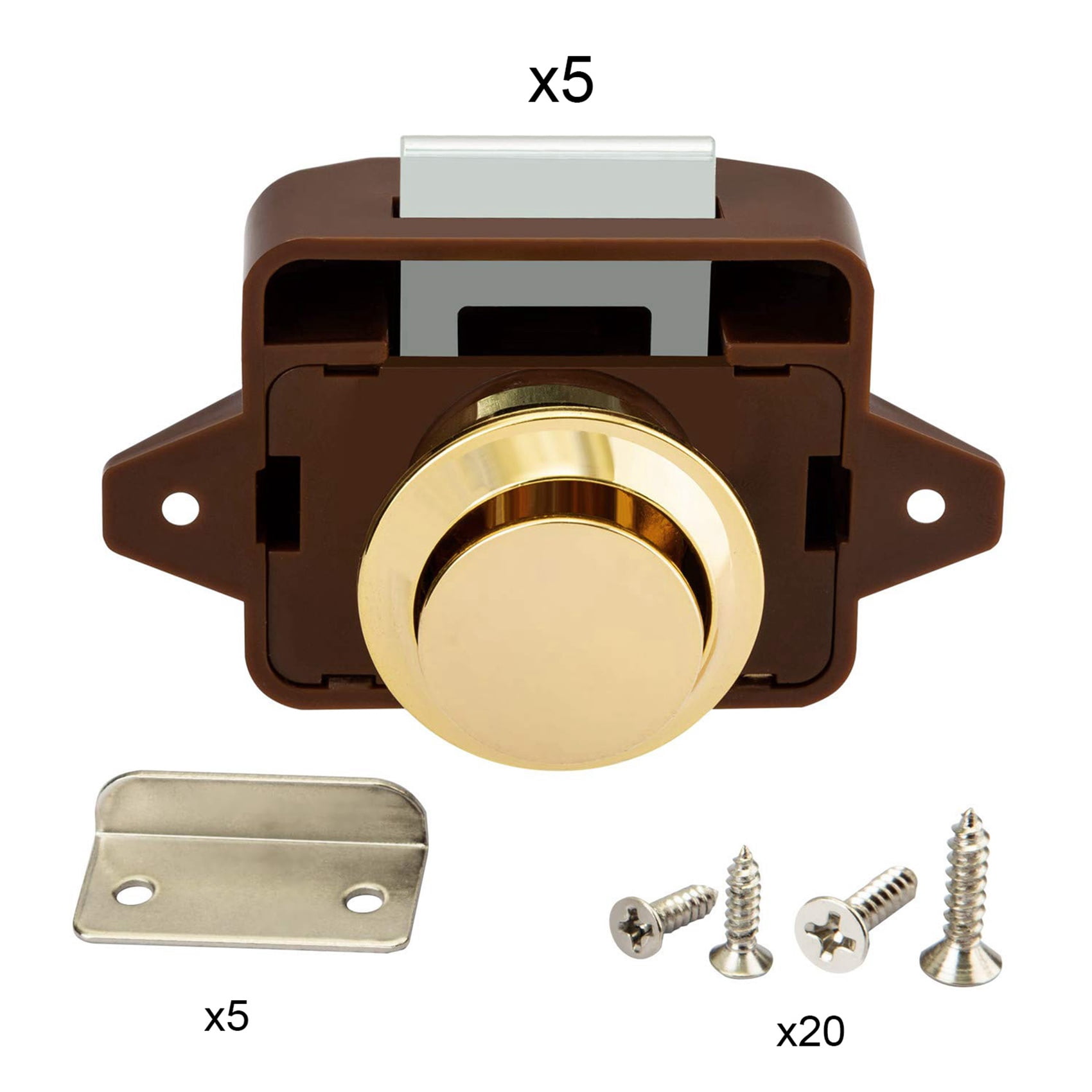 15Pcs Keyless Push Button Catch Door Knob Lock for RV Caravan Cabinet Boat Motor Home Cupboard, Brown Gold