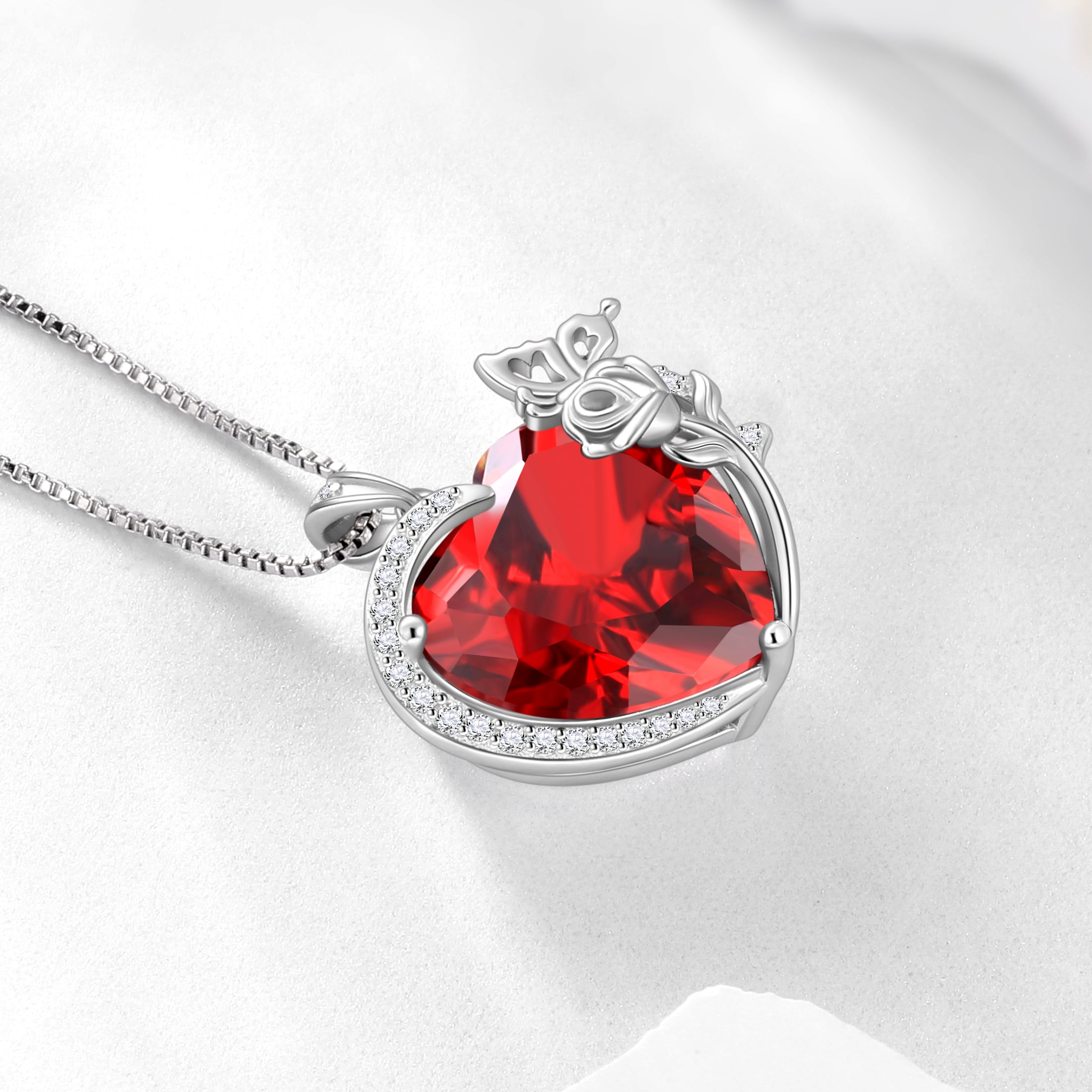 Juwaliy Women Heart Necklace Butterfly Rose Flower Pendant January Birthstone Garnet Red 925 Sterling Silver Jewelry Wife Mother Valentine's Day Gifts