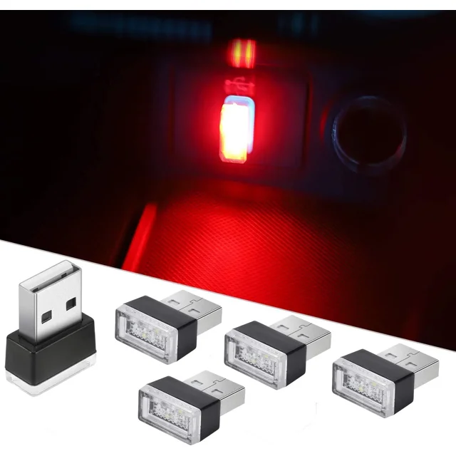 5 luces ambientales LED rojas para coche, luces enchufables de 5 V, mini kit de iluminación ambiental interior para automóviles, computadoras portátiles, enchufes USB (ásperos) JM JM