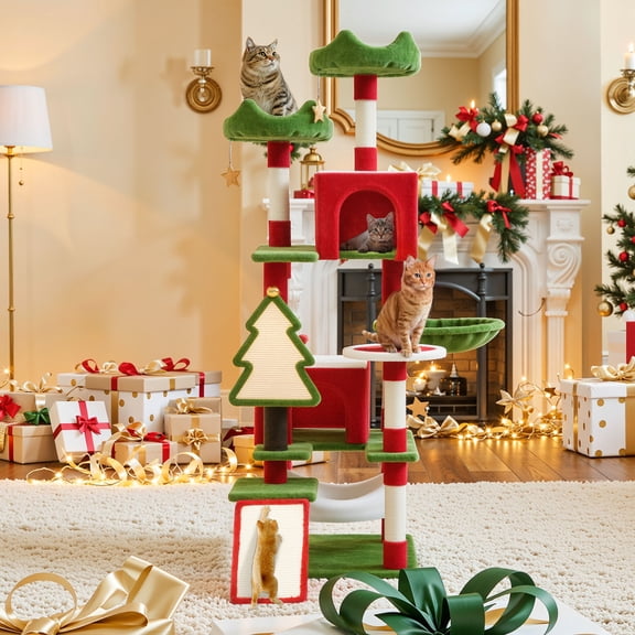 Uforic 75" Multi Level Christmas Cat Tree with Hammock, Sisal Scratching Posts and Top Perches ,Tall Cat Tower Condo for Indoor Cats