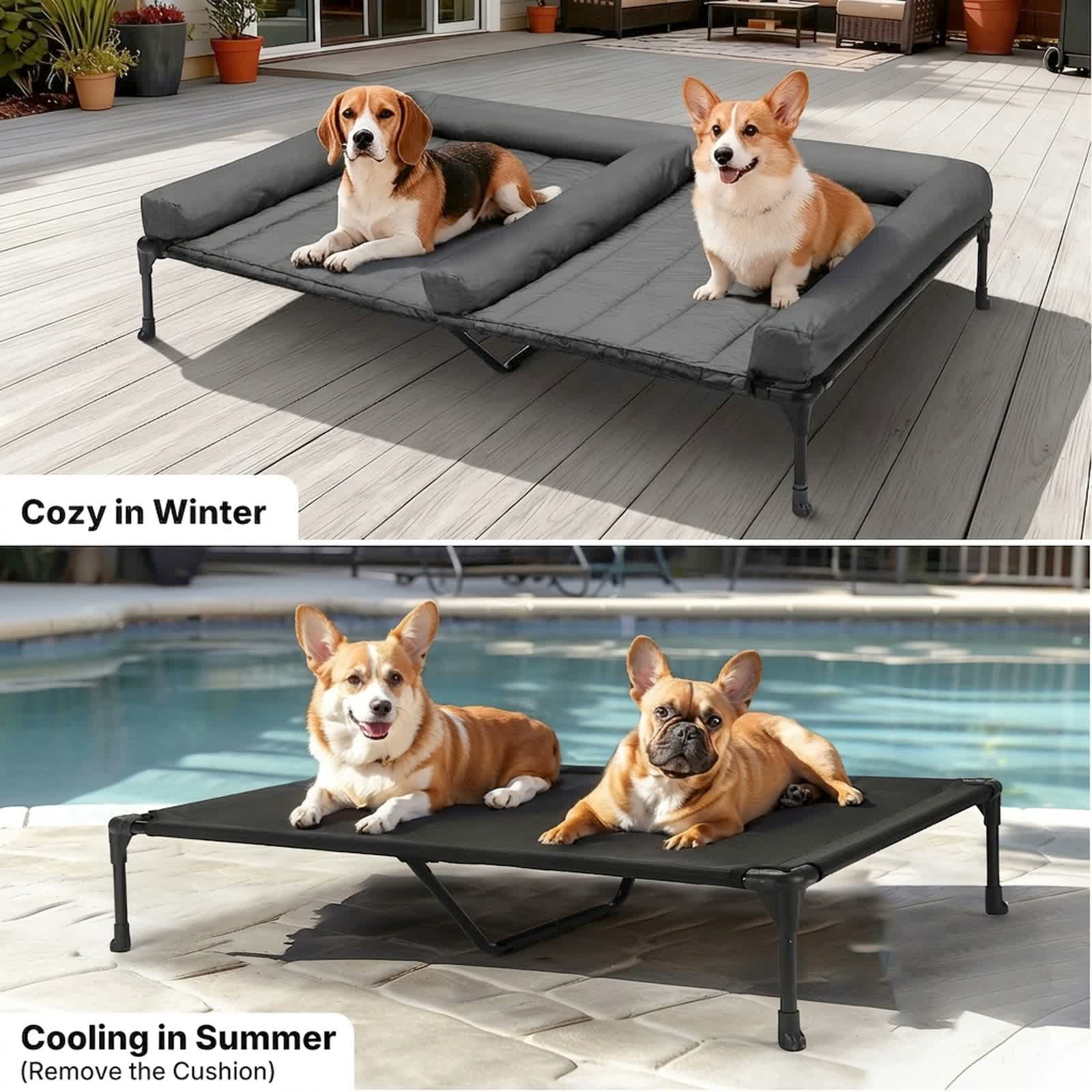 Veehoo Cooling Raised Dog Bed + Removable Double Dog Bed Cushion, 49" x 33", Black Silver