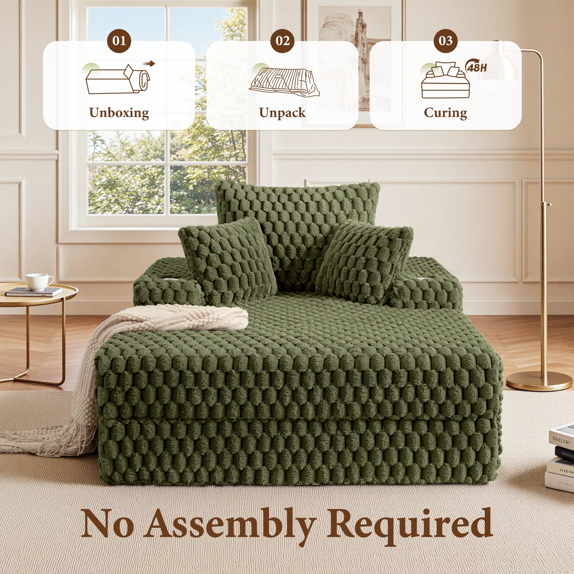 ATHOPE 67" Chaise Lounge Chair Indoor, Corduroy Couch Chair with Pillows, Comfy Reading Chairs with Wide Arms, Upholstered Sleeper Sofa for Living Room, No Assembly Required, Green