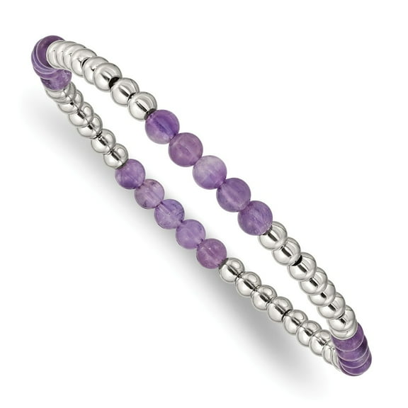 Primal Steel Stainless Steel Polished Purple Zebra Amethyst Beaded Stretch Bracelet