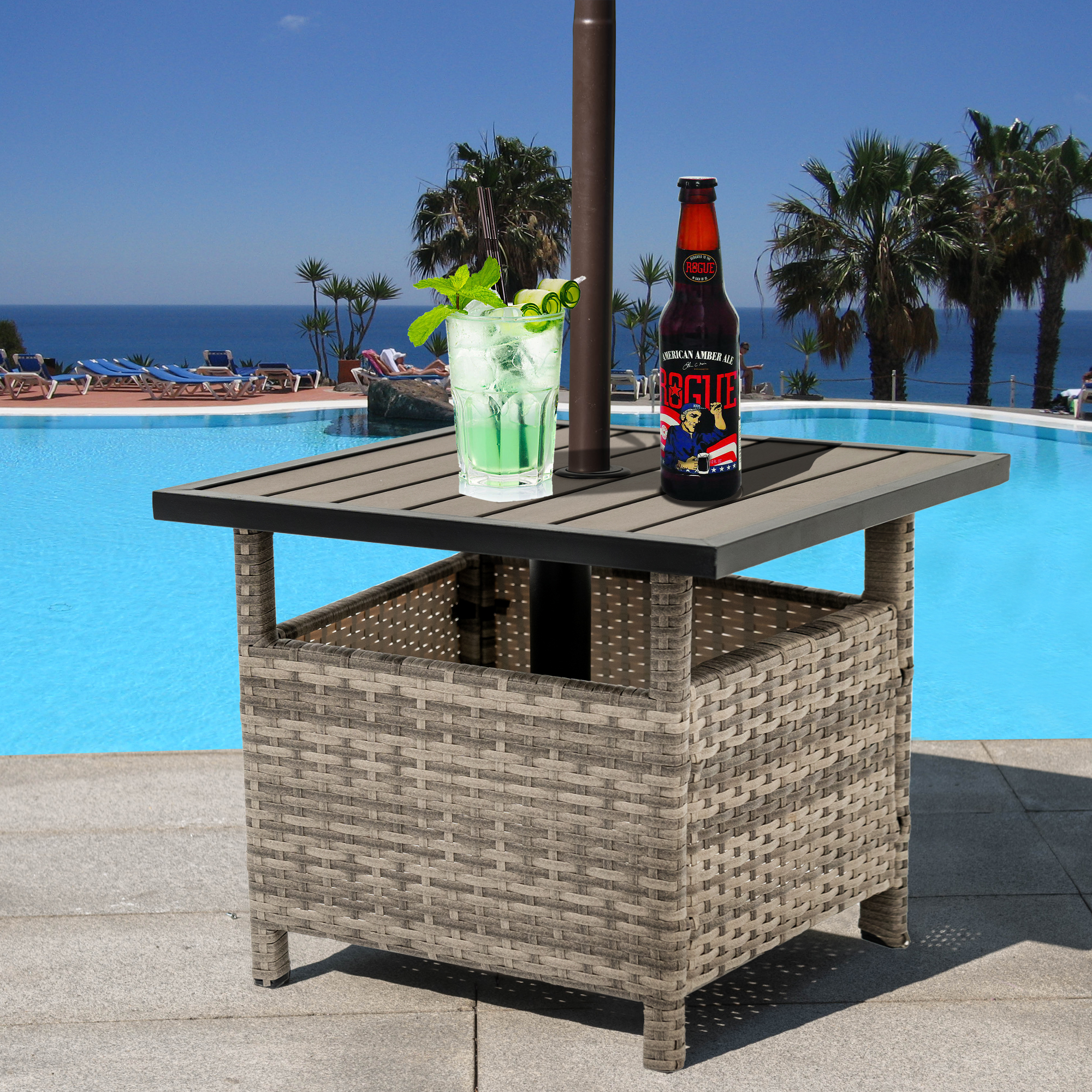 Outdoor Patio Side Table Umbrella Stand All-Weather PE Wicker Rattan Umbrella Table Furniture  for Garden Deck Pool Gray - image 3 of 8