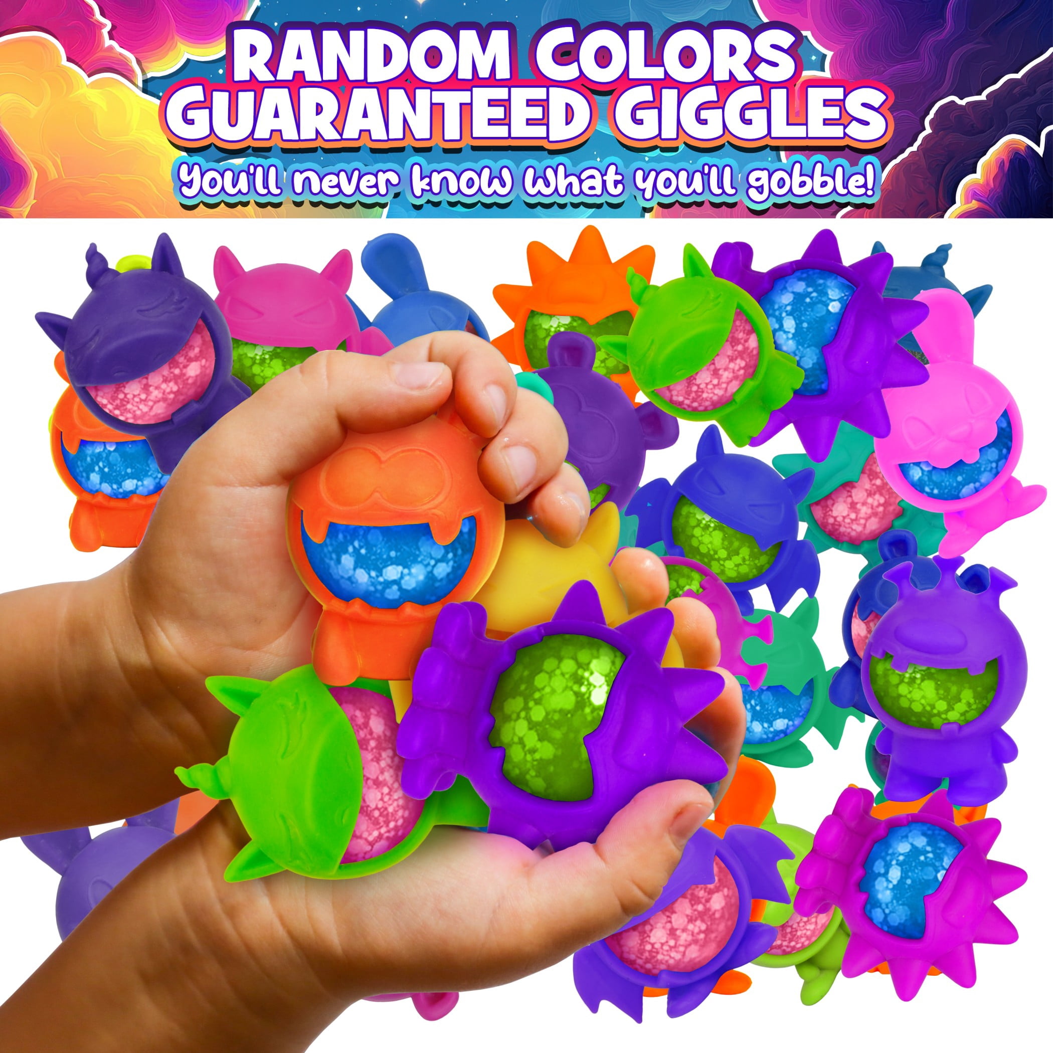Power Your Fun Glitter Gobblers Squishy 6 pack Fidget Toys for a Child Age 3+ & up